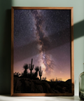 Cactus Night Print celestial poster for home gallery, main colors Black, Pink, Purple, Yellow