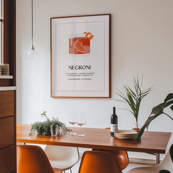 Elegante opera d'arte da cucina che mostra la ricetta e la guarnizione del drink Negroni.