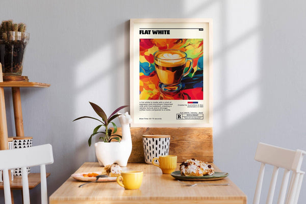 Poster per gli amanti del caffè flat white, ideale per decorare la casa.