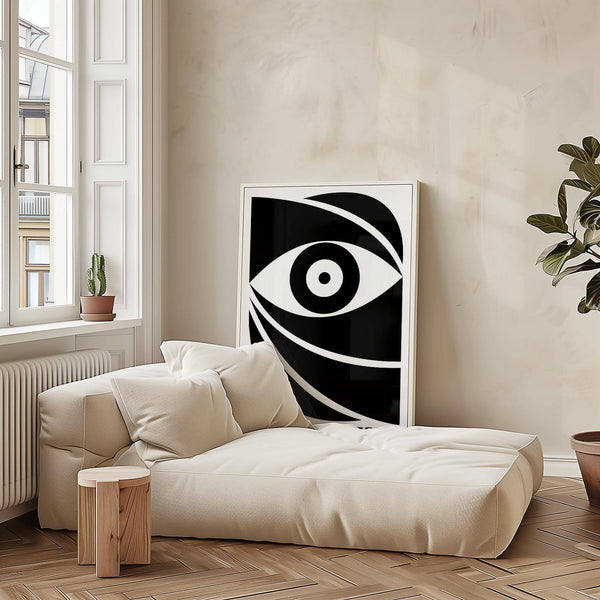 Poster con occhio nero caratterizzato da grafica ispirata al Bauhaus
