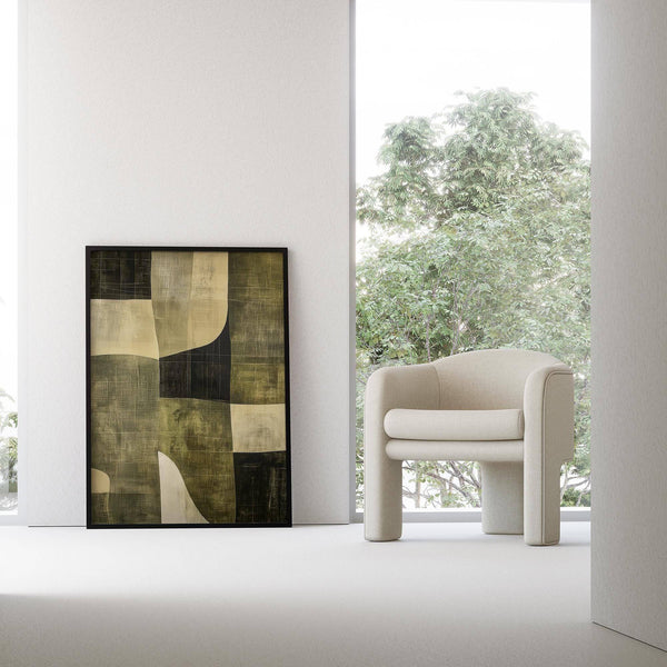 Soggiorno in stile Japandi arredato con decorazioni minimaliste in stile wabi sabi di colore verde.