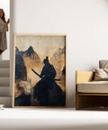 Poster minimalista con silhouette di samurai dai toni terrosi