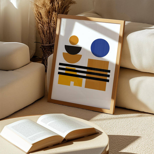 Decorazione murale blu e marrone in stile metà secolo, ideale per l'arredamento dell'ufficio domestico