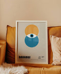 Minimalist Bauhaus painting with bold yellow, blue, and white circular shapes