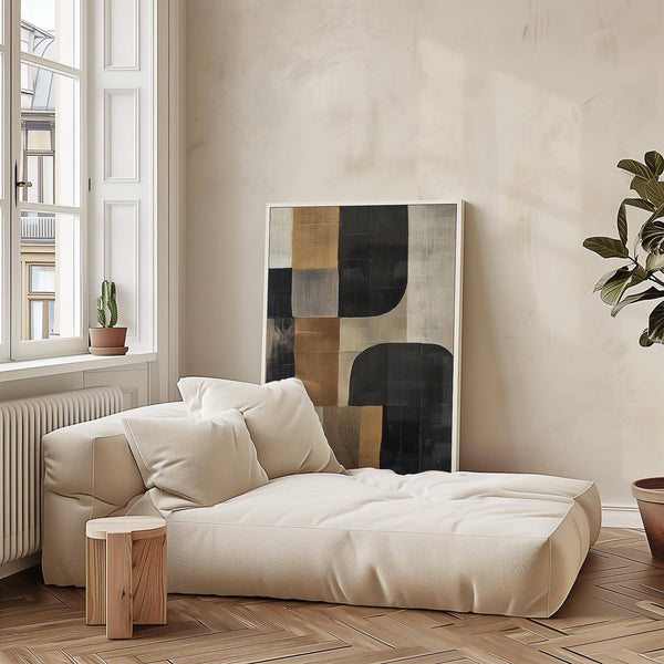 Immagini geometriche minimaliste per le pareti del soggiorno che valorizzano gli interni della camera da letto