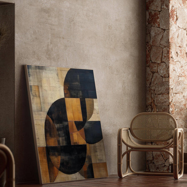 Composizione geometrica rilassante in arte murale astratta dai toni naturali del marrone