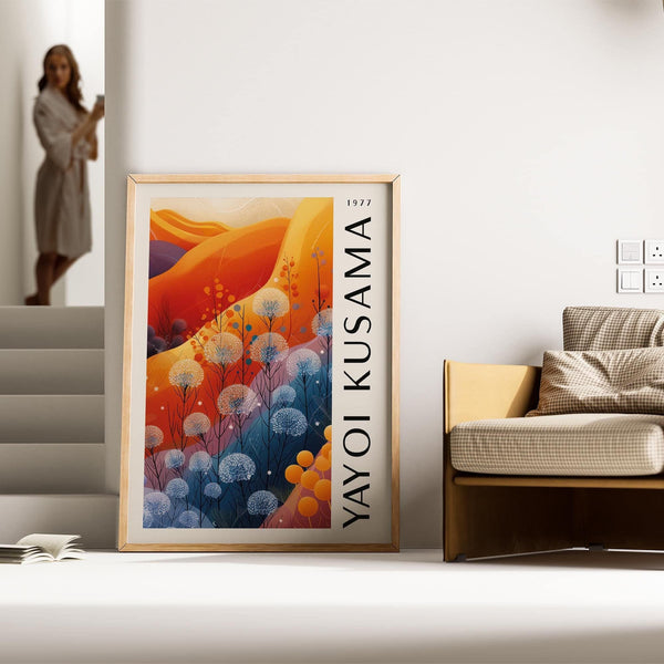 Abstract Kusama-inspired blue orange wall decor for colorful living rooms