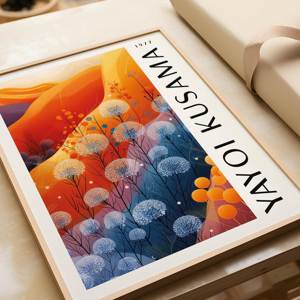 Kusama-style blue orange wall decor for contemporary bedroom styling