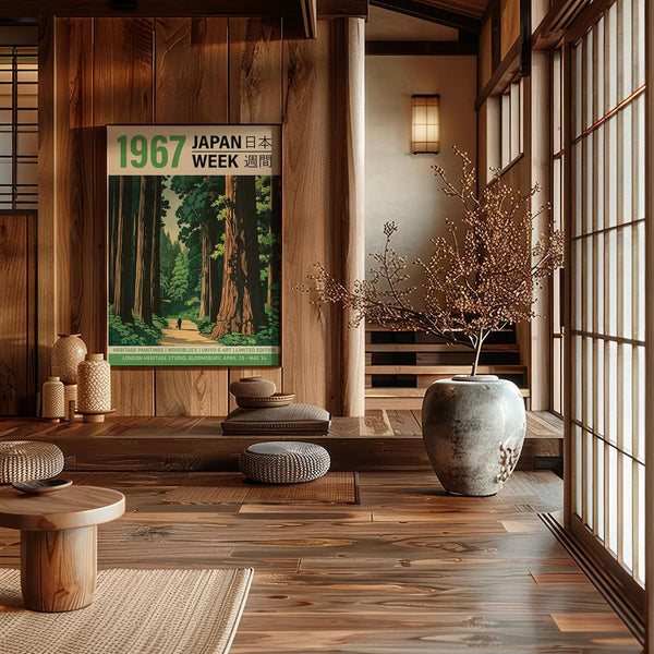 Stampe giapponesi su blocchi di legno raffiguranti paesaggi alberati dettagliati con vista sul sentiero in vendita